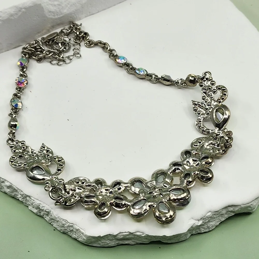 Disney AB Rhinestone Floral Bib Statement Necklace Silver Tone Iridescent Glam